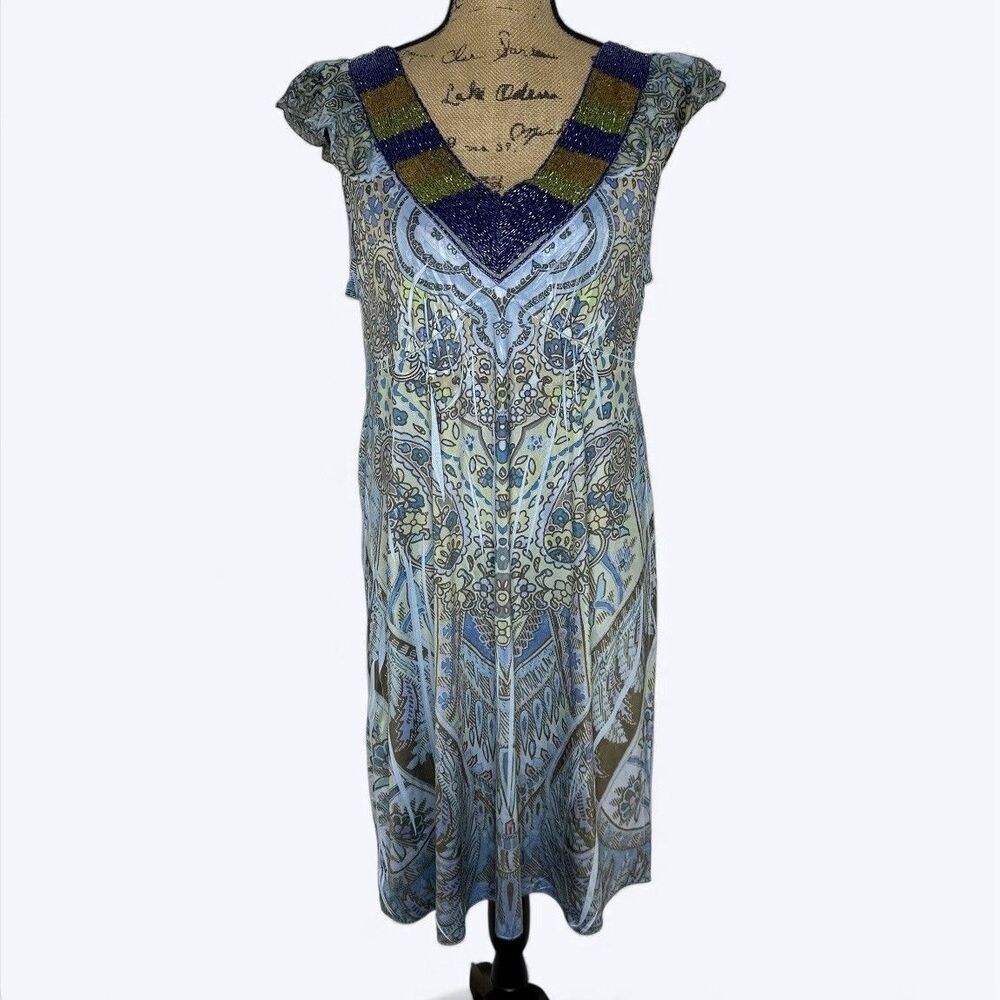 One World Blue Paisley Dress Sz L Beaded Neck Flutter Sleeve Boho‎ Hippie Fairy